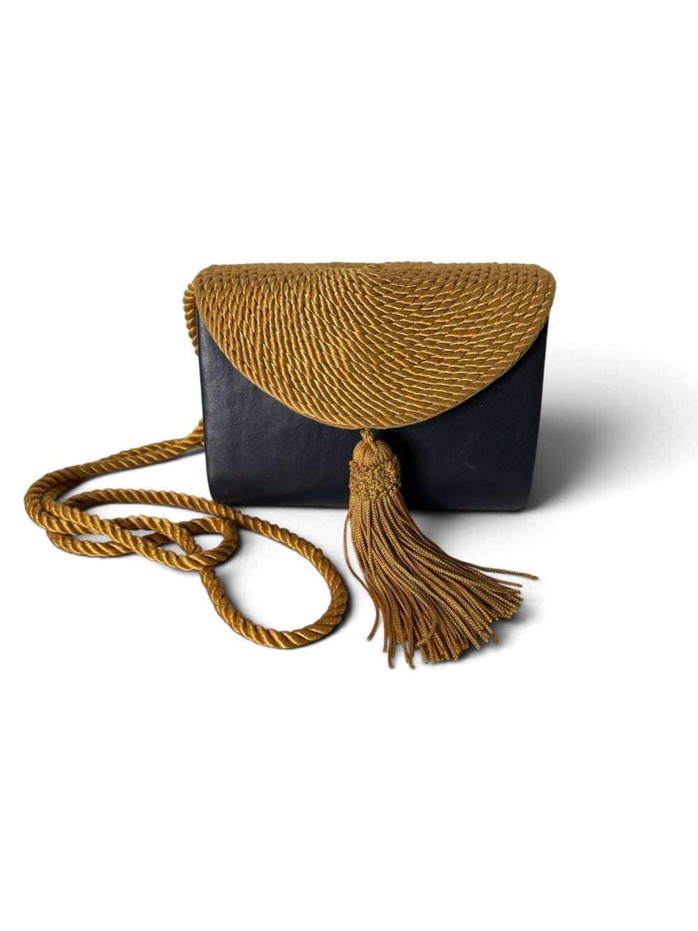 Black and Mustard Rope-Trim Tassel Crossbody Clutch Snap Close
